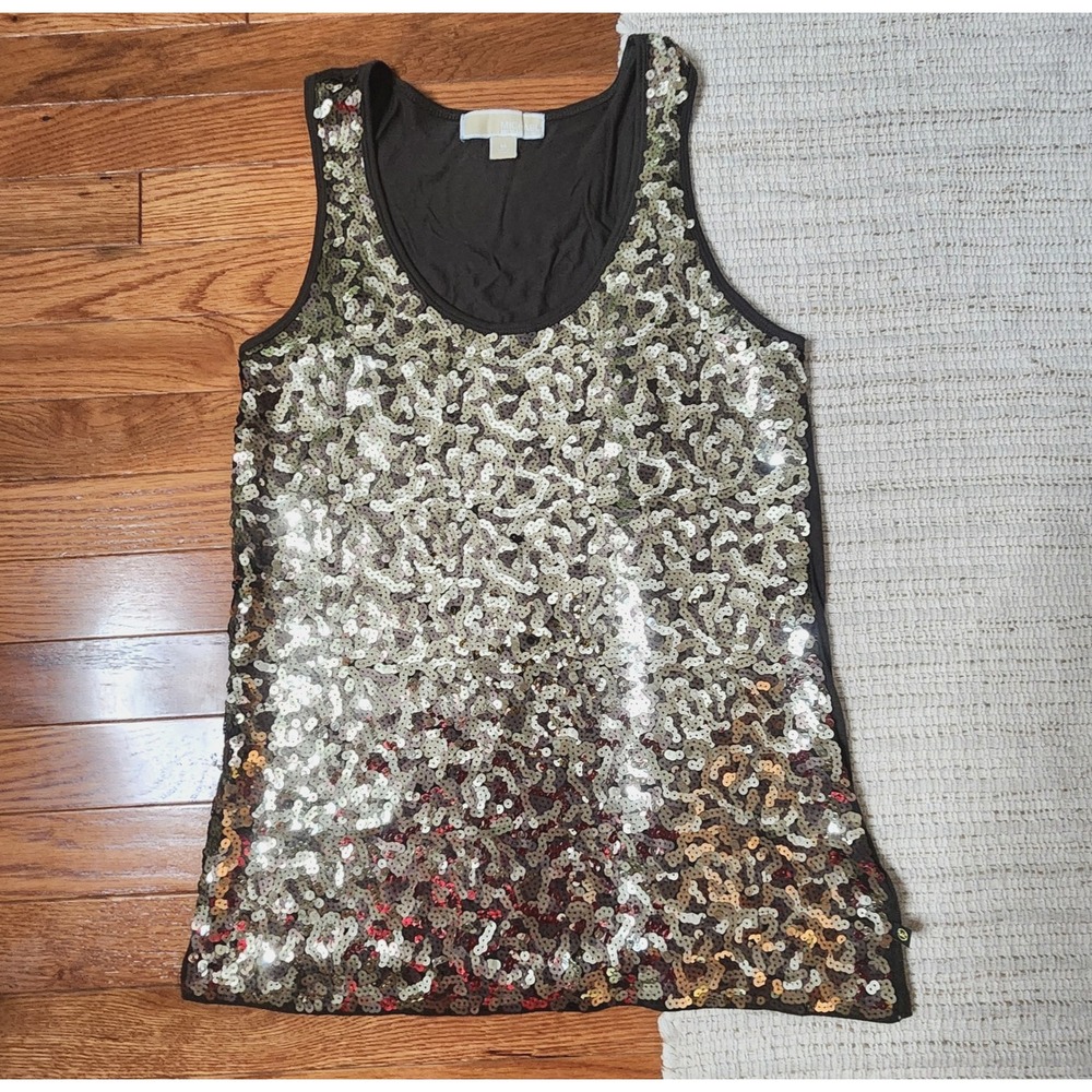 Michael Kors Olive Green Sequin Front Tank Top Metallic Scoop Neck Sleeveless M